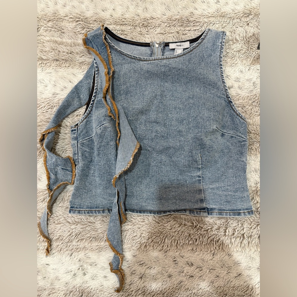 Forever 21 Denim Sleeveless Top with Fringe Detail - Picture 1 of 6